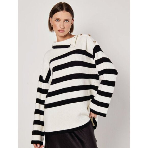 Apricot Long Sleeve Stripe Button Ribbed Sweater in White / Black - Sz XL - NWT - Picture 1 of 9